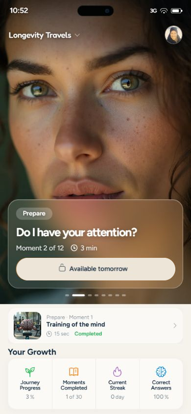 Participant App home showing the next Moment in a Journey
